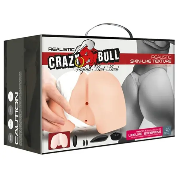 Masturbator manual cu vibrații CRAZY BULL Vagina And Anal, în formă de fund, cu 2 orificii, cu 2 vibratoare bullet, culoarea pielii