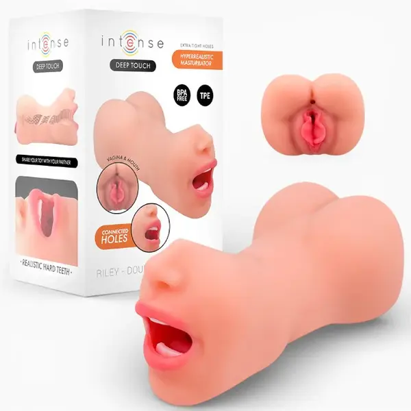 Masturbator manual INTENSE Riley Double, texturat pentru simulare orală și vaginală realistă, culoarea pielii, din TPE, 19 cm