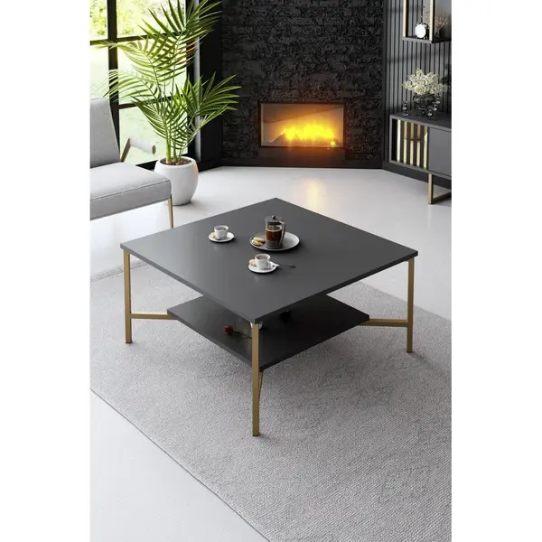 Masuta Cafea, PAL Melaminat / Metal, Gold Line, Negru / Auriu, 80x80x40 cm