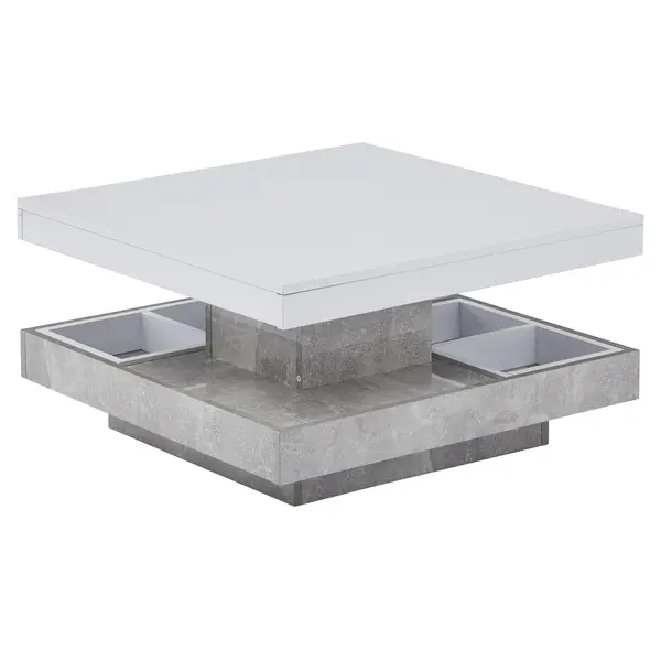 Măsuță de cafea lucioasă, rotativă la 360°, cu blat pe 2 niveluri și compartiment de depozitare, 70x70x36 cm, Alb