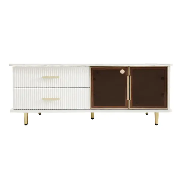 Măsuță de cafea modernă cu blat efect de marmură și ușă din sticlă temperată, sertare ondulate, mânere și picioare aurii, 100x50x40 cm, albă