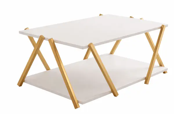 Masuta de cafea moderna cu polita depozitare design minimalist picioare in X GOLD