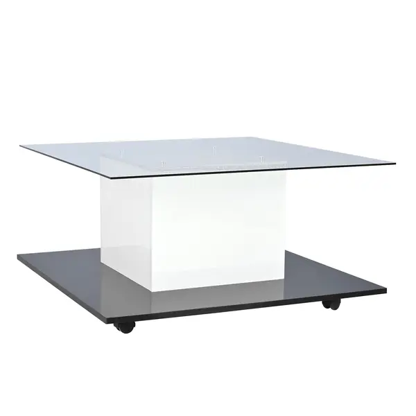 Măsuță de cafea modernă din sticlă lucioasă cu bandă LED reglabilă și roți pivotante, 80×80×40 cm, Alb+Negru