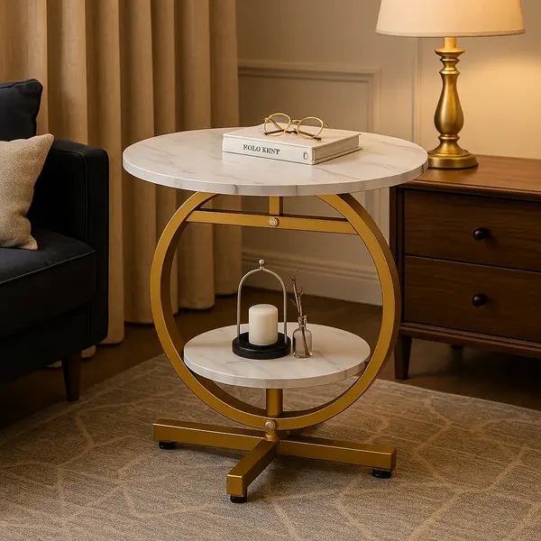 Masuta de cafea rotunda cu design tip marmura, 2 nivele de depozitare