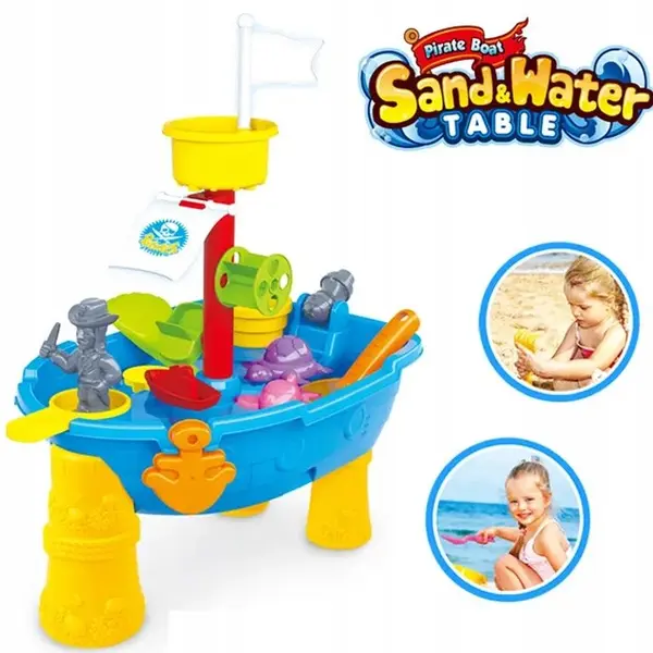 Masuta de joaca 2in1 cu apa si nisip Matadi Pirate Boat cu 24 accesorii, moara de apa,plastic durabil, dimensiune 30,5x51x58 cm