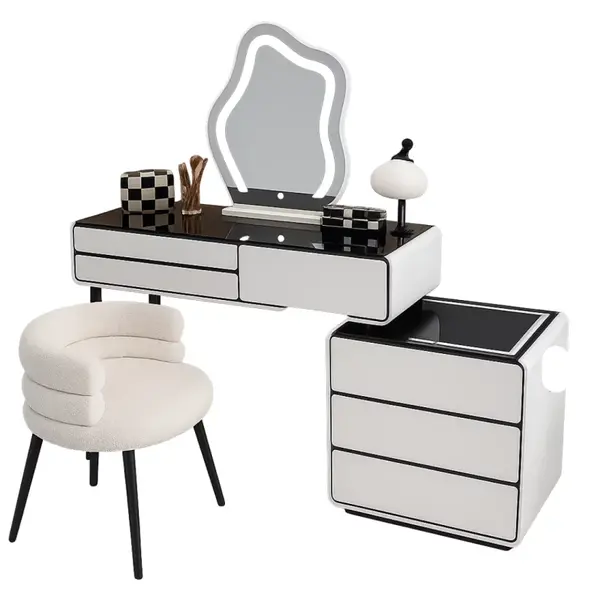 Măsuță de machiaj AURORA smart &ndash; cu oglindă rotundă LED și blat din sticlă securizată 120x40x120 cm