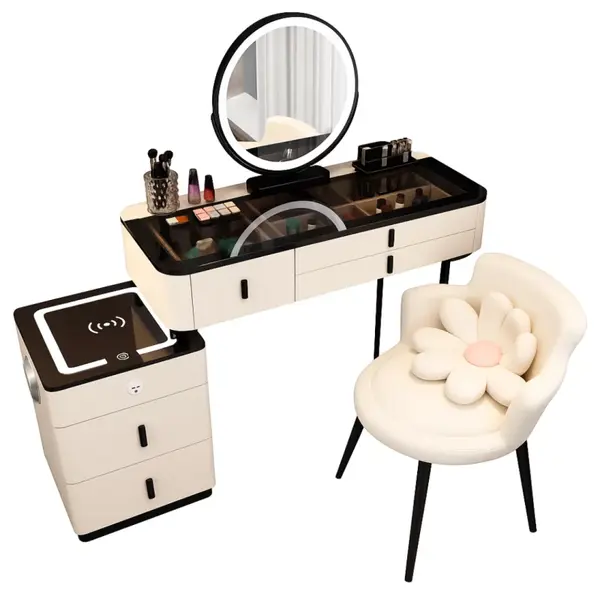 Măsuță de machiaj ISABELLA smart &ndash; cu oglindă rotundă LED și blat din sticlă securizată 120x40x120 cm