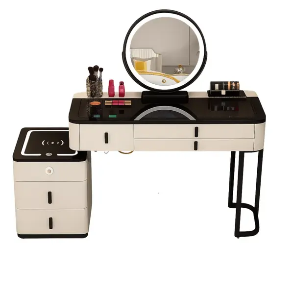 Măsuță de machiaj ISABELLA smart &ndash; cu oglindă rotundă LED și blat din sticlă securizată 100x40x120 cm
