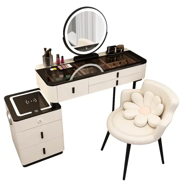 Măsuță de machiaj ISABELLA smart &ndash; cu oglindă rotundă LED și blat din sticlă securizată 80x40x120 cm