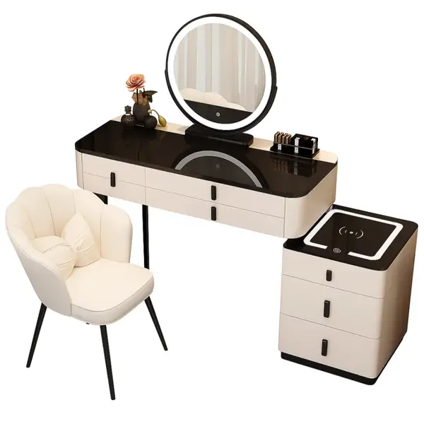 Măsuță de machiaj MARIPOSA smart &ndash; cu oglindă rotundă LED și blat din sticlă securizată 120x40x120cm
