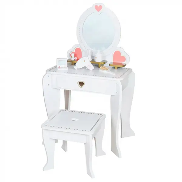 Masuta de Make Up din Lemn Alb cu scaunel si Accesorii