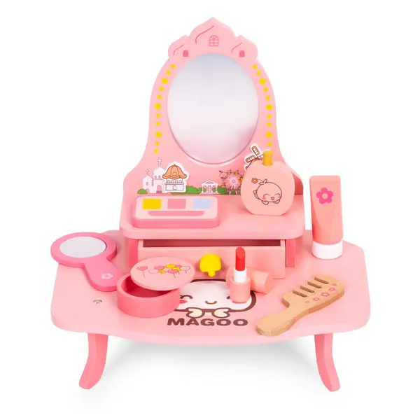 Masuta de toaleta copii Ecotoys, lemn, oglinda, sertar, 7 accesorii, roz KID007271, la doar 122,00 lei