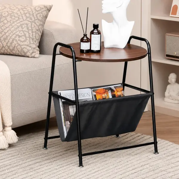 Masuta laterala cu blat rotund aspect lemn, suport textil pentru reviste, cadru metalic negru, 40 x 38 x 60 cm