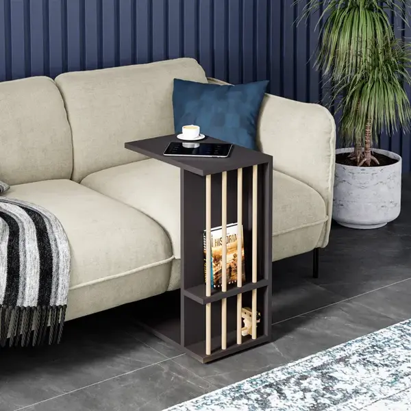 Masuta laterala cu roti, tip C, compacta, stil scandinav, 64 x 44 x 28,7 cm