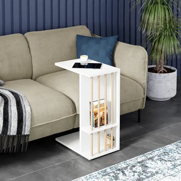 Masuta laterala cu roti, tip C, compacta, stil scandinav, 64 x 44 x 28,7 cm