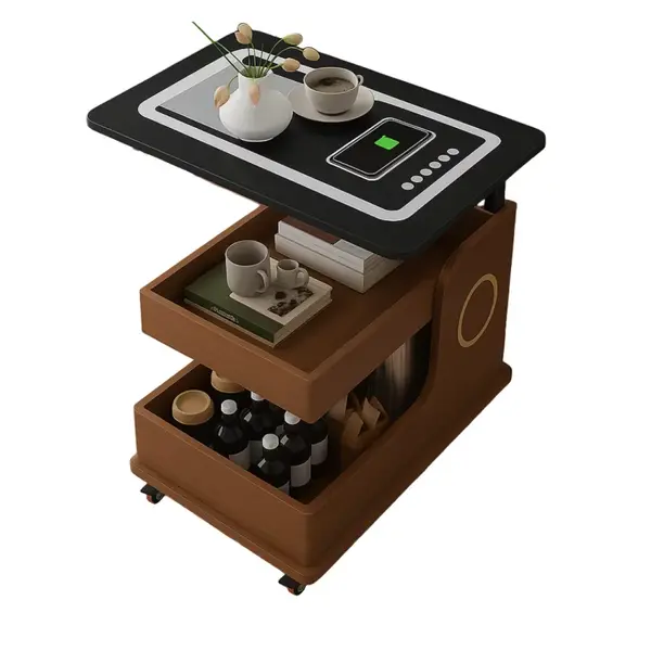 Măsuță laterală modernă cu &icirc;ncărcare wireless, difuzor Bluetooth și blat rotativ-WALNUT