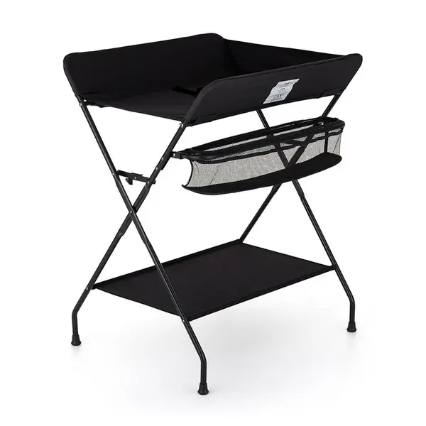 Masuta pentru infasat si schimbat scutece, Feedo, Multifunctionala, Pliabila, Cu raft pentru depozitare si compartiment lateral, Realizata din fier, panza si in, 80.5 x 67 x 102.5 cm, Negru