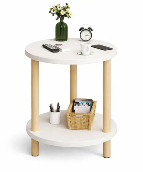 Masuta rotunda moderna cu polita blat alb si picioare din lemn 40 x 53 cm