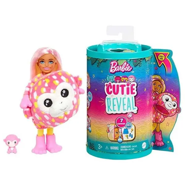 MATTEL Papusa Mattel Barbie Cutie Reveal Chelsea Monkey doll, 7 surprize, costum maimuta, schimbare culoare