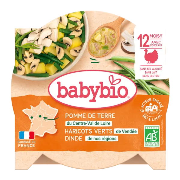 Meniu morcovi, fasole verde si felii de curcan Bio, 230g, BabyBio