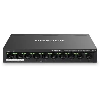 MERCUSYS Switch MERCUSYS MS110P, 10 porturi total, 8 porturi Fast Ethernet (10/100 Mbps) PoE+, 2 porturi Gigabit RJ45 uplink
