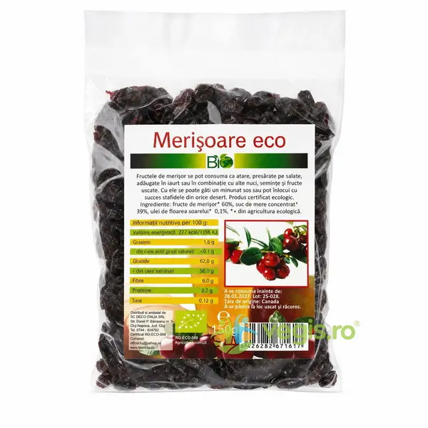 Merisoare Uscate Indulcite cu Suc de Mere Ecologice/Bio 150g