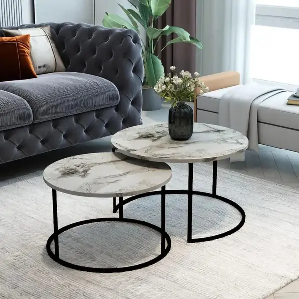 Mese de cafea cu aspect de marmură, Solme, metal negru, set 2 bucăți, 75x75x45 cm