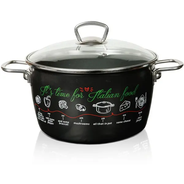 Metalac Oala cu capac din sticla Italian Food Metalac, email, 24cm, 6l, Negru