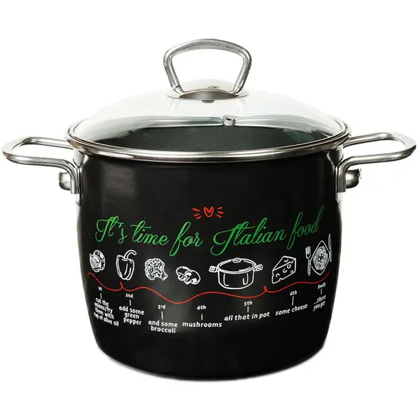 Metalac Oala cu capac din sticla Italian Food Metalac, email, 20cm, 5.1l, Negru