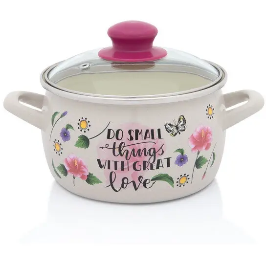 Metalac Oala cu capac din sticla Spring Metalac, email, 16cm, 2.2l, Crem cu motive florale