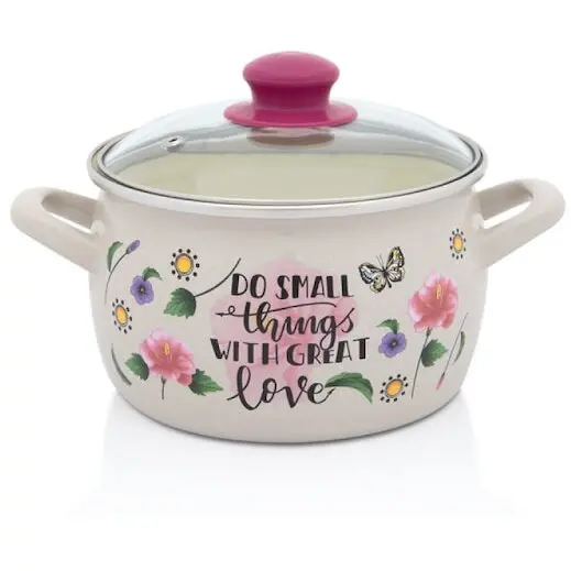 Metalac Oala cu capac din sticla Spring Metalac, email, 18cm 3.1l, Crem cu motive forale