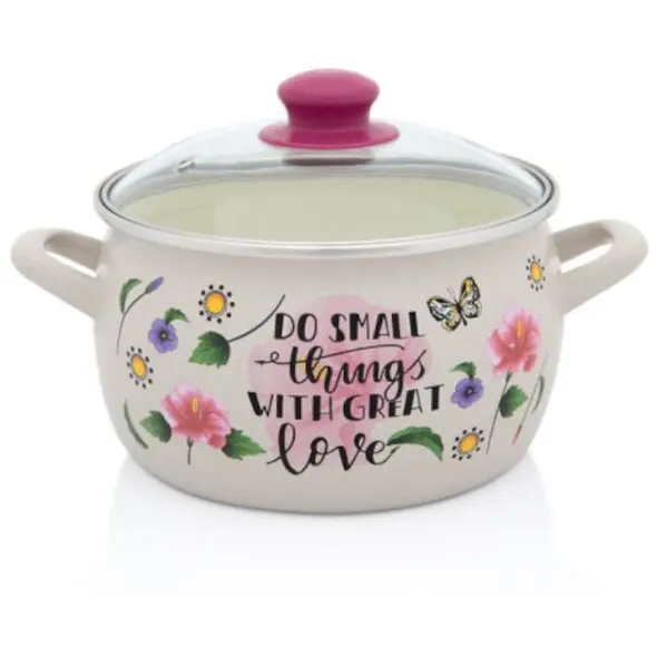 Metalac Oala cu capac din sticla Spring Metalac, email, 20cm, 4.2l, Crem cu motive florale
