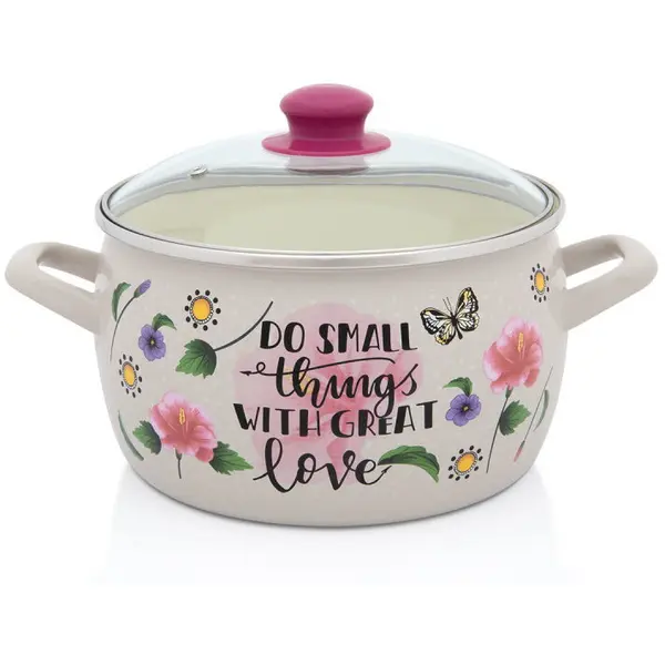 Metalac Oala cu capac din sticla Spring Metalac, email, 22cm, 5.4l, Crem cu motive florale