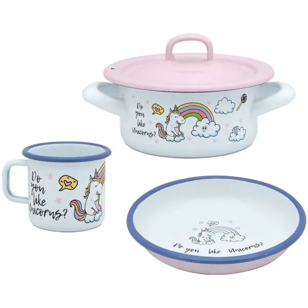 Metalac Set 3 piese 1.5l Unicorn Metalac email/Cana 8cm/Caserola capac14cm/Farfurie 18cm