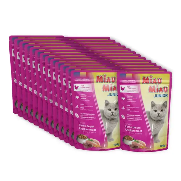 MIAU MIAU Kitten, Pui, plic hrană umedă pisici junior, (în sos), bax, 100g x 24buc