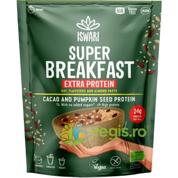 Mic Dejun cu Ciocolata si Extra Proteine fara Zahar Ecologic/Bio 360g