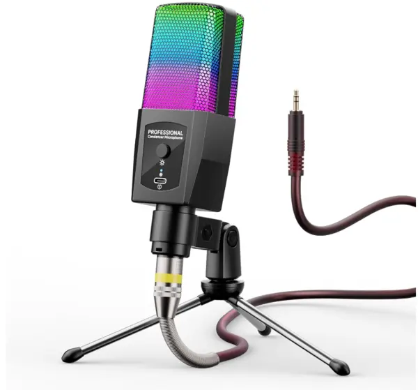 Microfon RGB Andowl Q MIC23 USB iluminare LED pentru streaming gaming karaoke si podcast