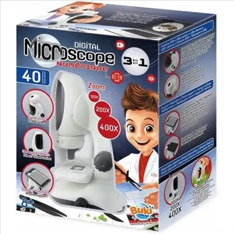 Microscop set 3 in 1 pentru copii, zoom 400x, LED dual, webcam, USB, adaptor smartphone, 8ani+, BUKI France BKMR700