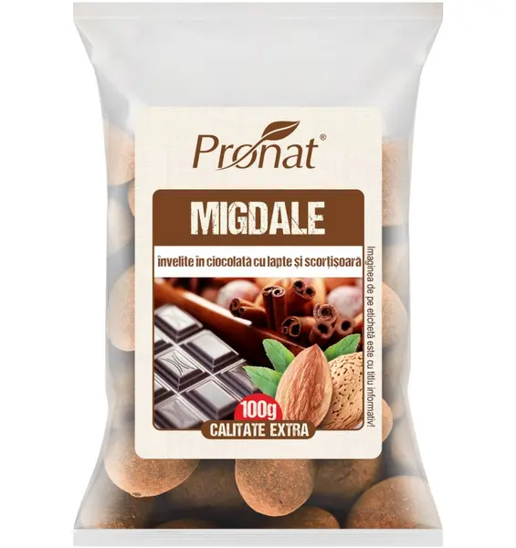 Migdale invelite in ciocolata cu lapte si scortisoara, 100g, Pronat