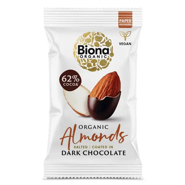 Migdale sarate invelite in ciocolata neagra bio 30g Biona
