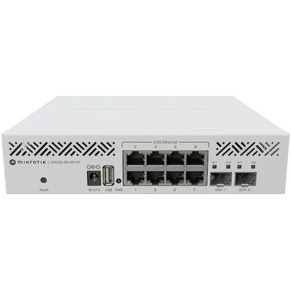 MikroTik Router Mikrotik Crs310-8G+2S+In, 200x206.1x44 mm, 8 Porturi Ethernet 2.5 Gigabit, 2 Porturi Sfp+ 10 Gigabit, Procesor Dual-Core Arm 800 Mhz, 256 Mb Ram, Alb