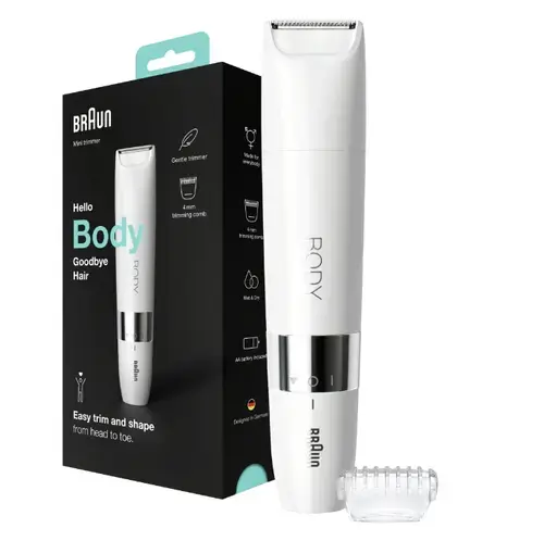 Mini aparat de tuns corporal Braun BS1000 Wet&Dry, cu pieptene de tuns, pe baterii (Alb)