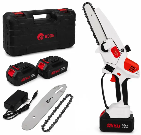 Mini fierastrau Edon MX294 Profesional 2 acumulatori 42 V 8Ah rezervor ulei sistem ungere lant lama 20 cm NEGRU CU PORTOCALIU