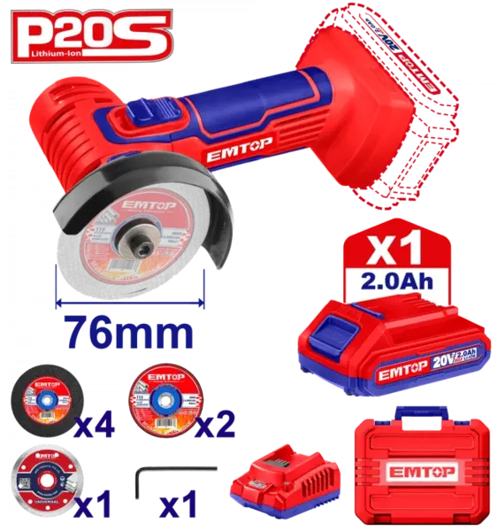 Mini polizor unghiular cu 1 acumulator 2.0Ah, 76mm, 7 discuri incluse - ELAG76017, EMTOP