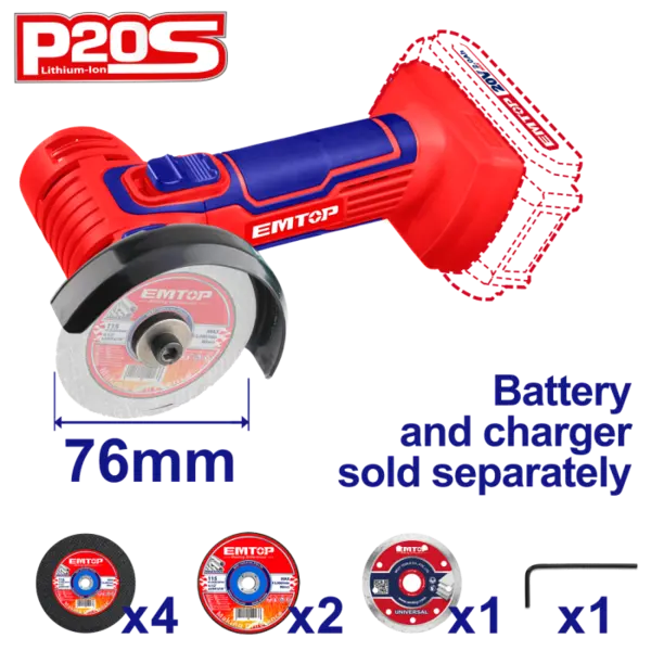 Mini polizor unghiular fara acumulator si incarcator, 76mm, 7 discuri incluse - ELAG7601, EMTOP