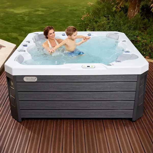 Minipiscina jacuzzi 6 persoane, alb-lucios, 50 jeturi hidromasaj, scara inteligenta cu suport pentru pompa de caldura, 200 A 200 cm, WiFi, sistem audio, Wellis Prague CityLife Premium