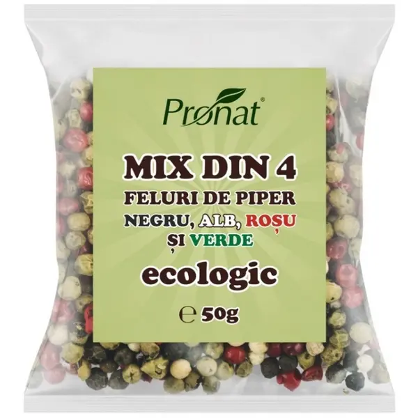 Mix din 4 feluri de Piper Negru, Alb, Rosu si Verde, Bio, 50 g, Pronat
