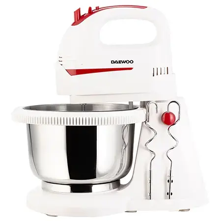 Mixer cu bol Daewoo DHM100W, 300 W, bol inox rotativ, capacitate bol 2 l, functie Turbo, 5 viteze, accesoriu framantare, palete amestecare (Alb)