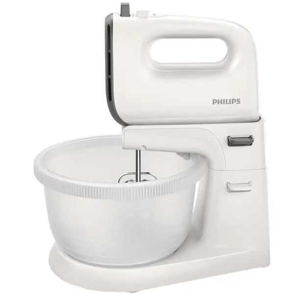 Mixer cu bol Philips Viva Collection HR3745/00, 450 W, Bol actionare automata, 5 viteze, Functie Turbo, Alb/Gri