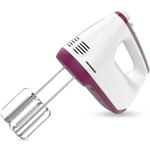 Mixer de mana Heinner HM-400BG, putere: 400w, 2 teluri si 2 carlige din inox, 6 viteze + turbo, self stand (Alb/Burgundy)
